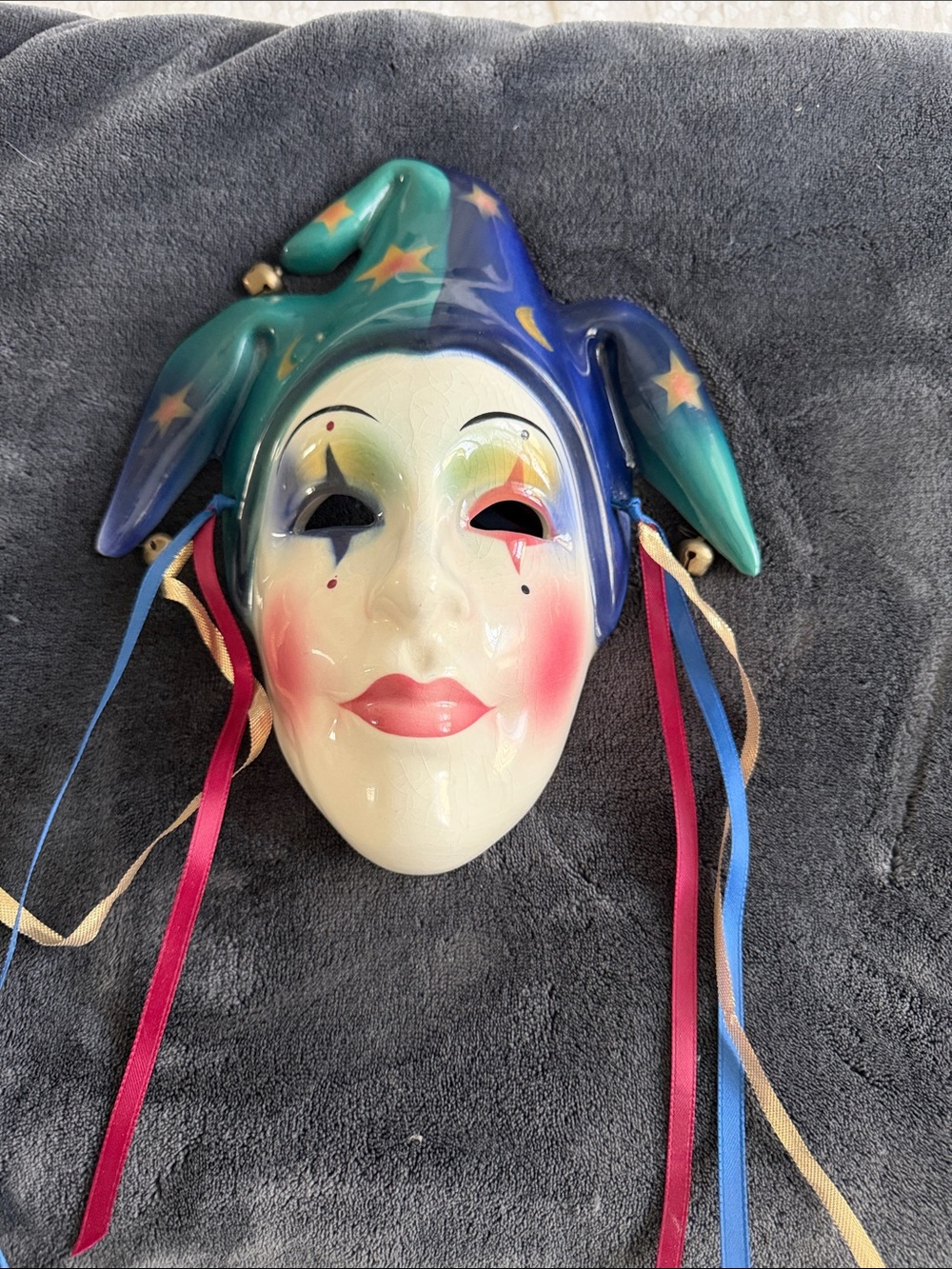 Vintage Clay Art hand-Painted Blue and Green Jester Wall Mask